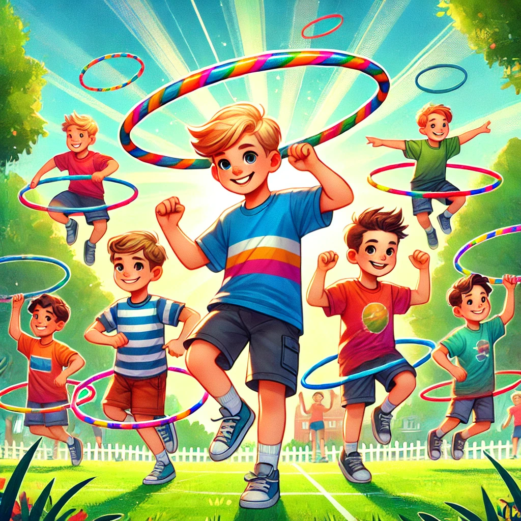 Boys aged 8-12 performing hula hoop tricks outdoors with colorful hoops, showcasing skills and confidence in a sunny park setting.
