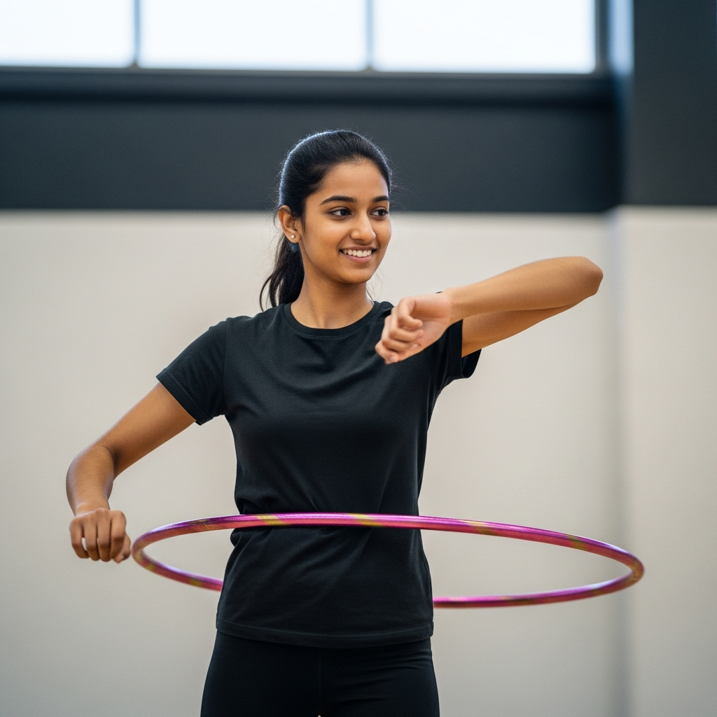Young girl athlete practicing advanced hula hoop tricks