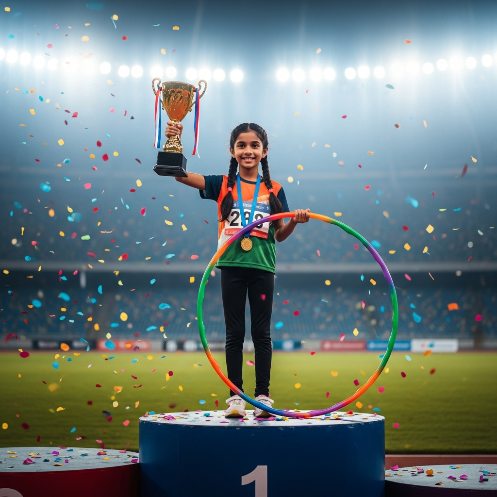 Young girl on winners podium with trophy and hula hoop