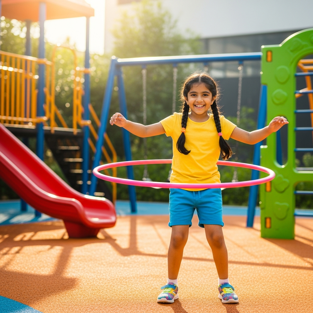 Young Indian girl joyfully practicing hula hoop in colorful playground