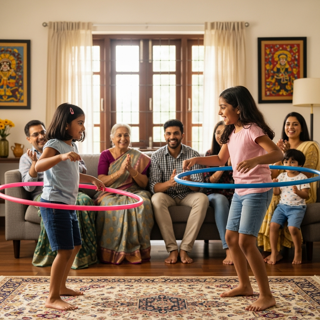 Two young girls competing in hula hoop challenge with family cheering