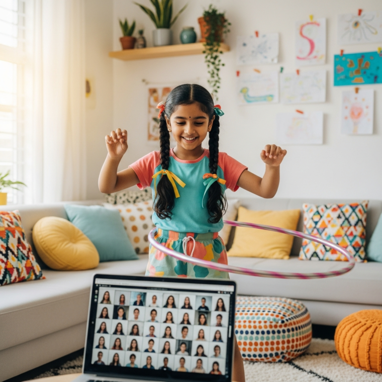 Young girl practicing hula hoop during online class at home with laptop