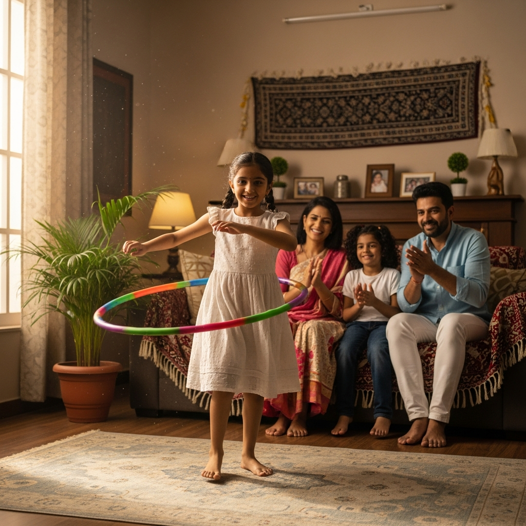 Girl showing hula hoop skills to proud supportive family at home