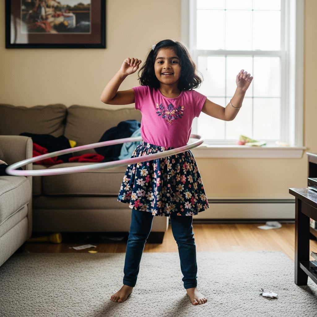 6-year-old Indian girl Vaidiki joyfully practicing hula hoop at home - HoopStar Academy student success story