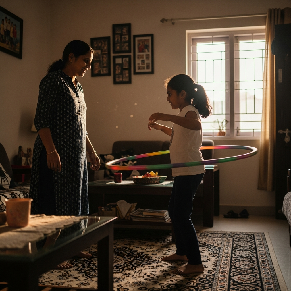 Indian mother encouraging her daughter during hula hoop practice at home - HoopStar Academy online class