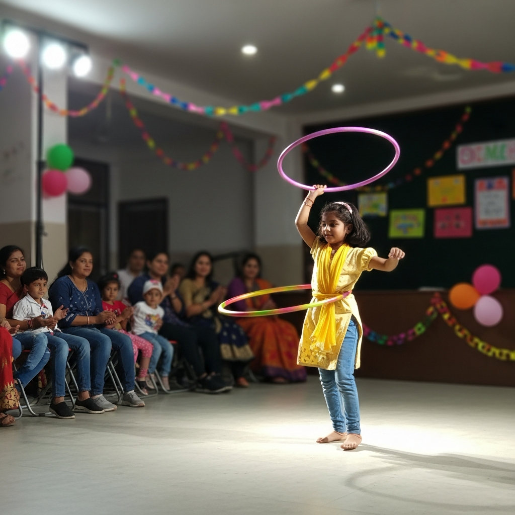 Young girl performing hula hoop dance at school carnival with audience watching
