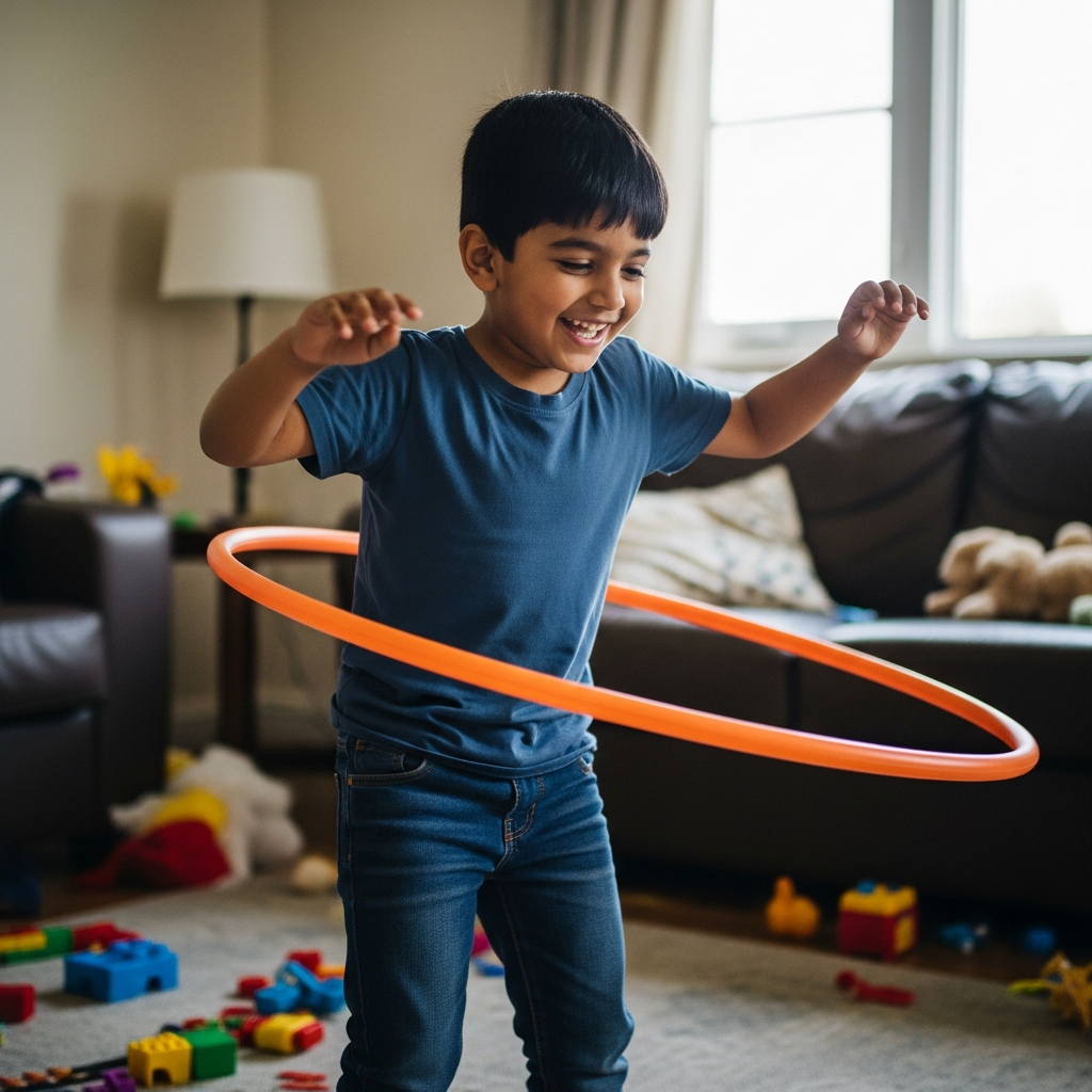 Young Indian boy joyfully practicing hula hoop in his living room