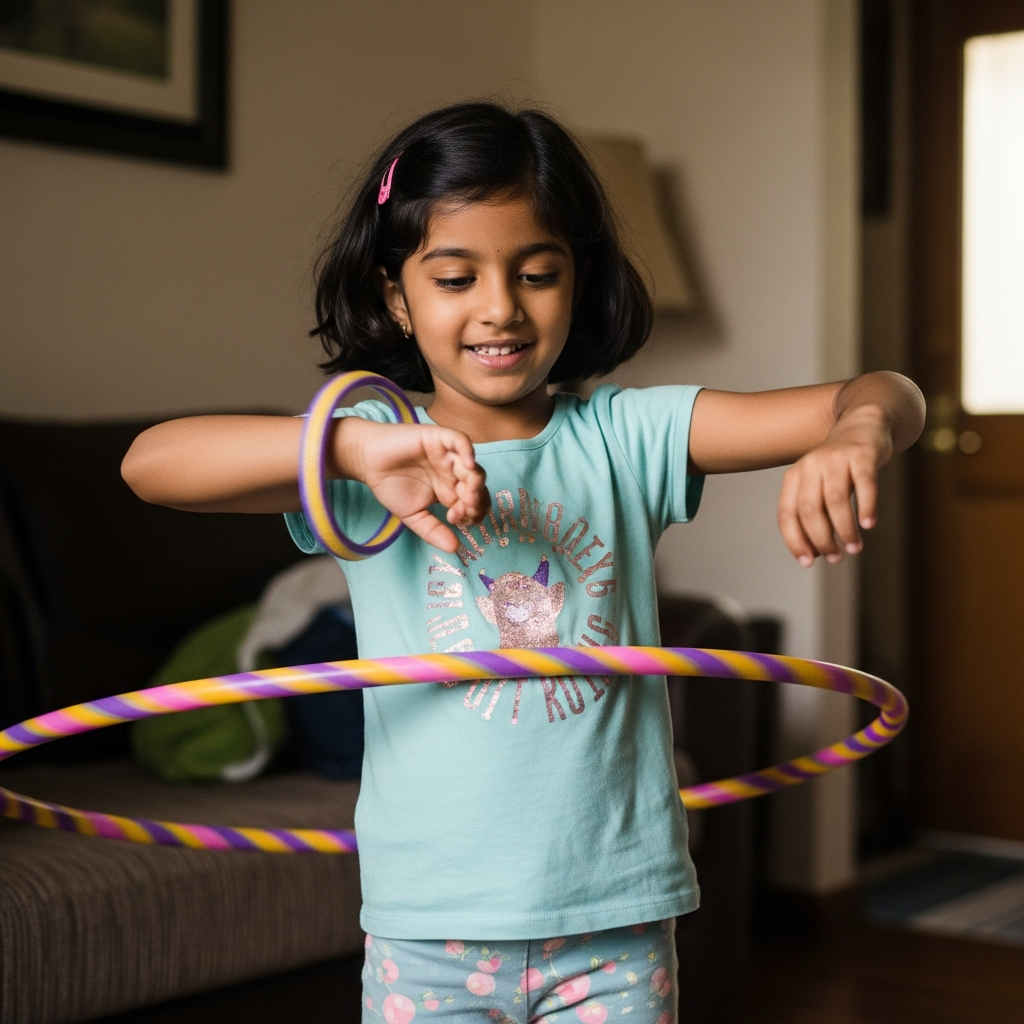 Young girl practicing hand hooping at home, hula hoop spinning on her arm with joyful expression