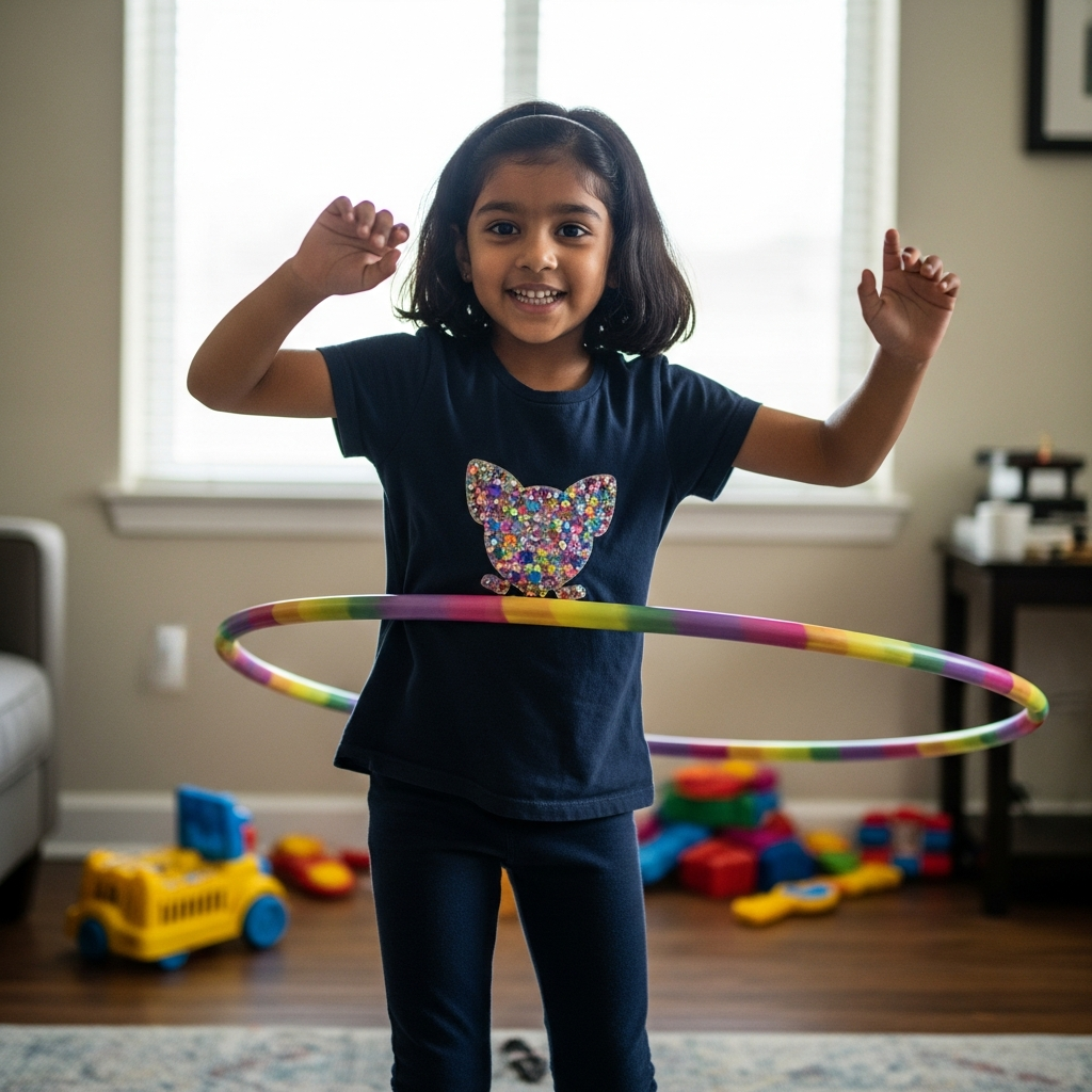 Young Indian girl happily practicing hula hoop in her living room