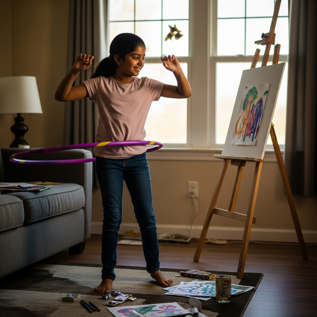 10-year-old Indian girl practicing hula hoop in her living room with painting easel and art supplies