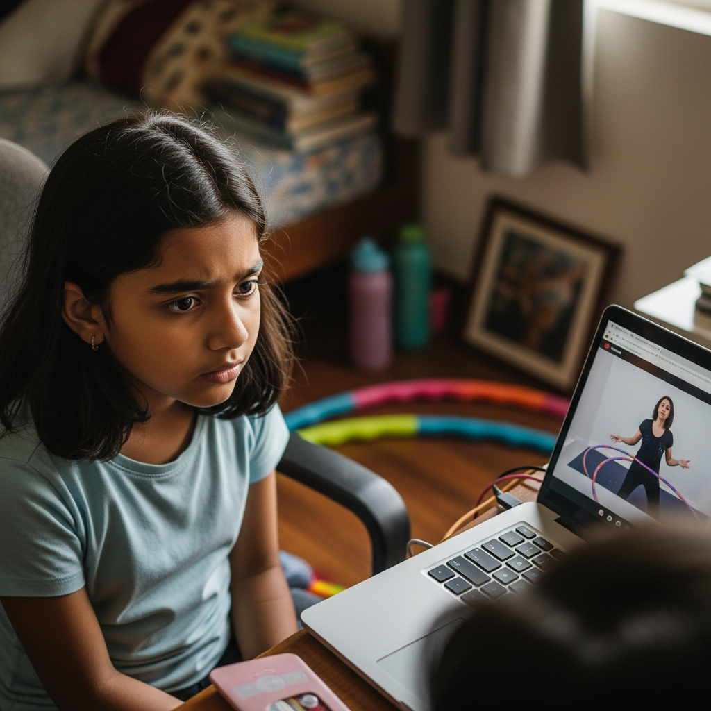 Young girl learning hula hoop tricks during an online class on her laptop