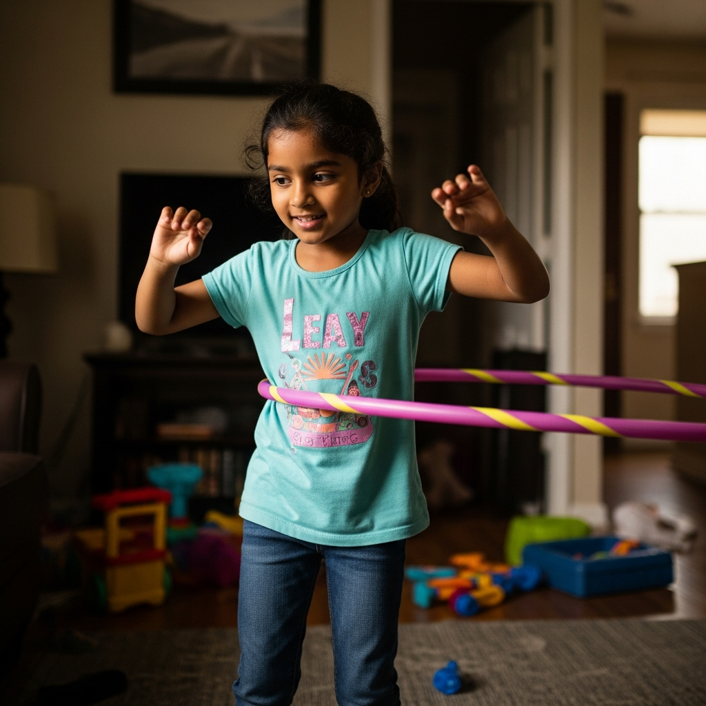 Young Indian girl joyfully practicing hula hoop in her living room