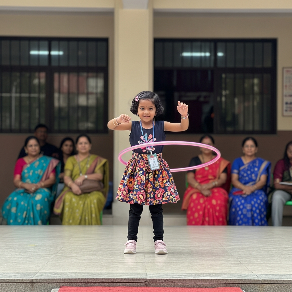 Young girl performing hula hoop on school stage with proud parents watching