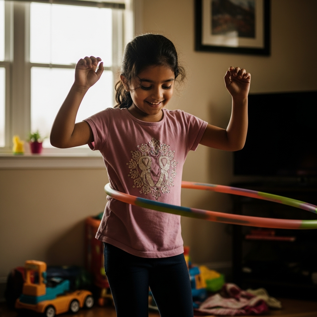 Young Indian girl happily practicing hula hoop at home