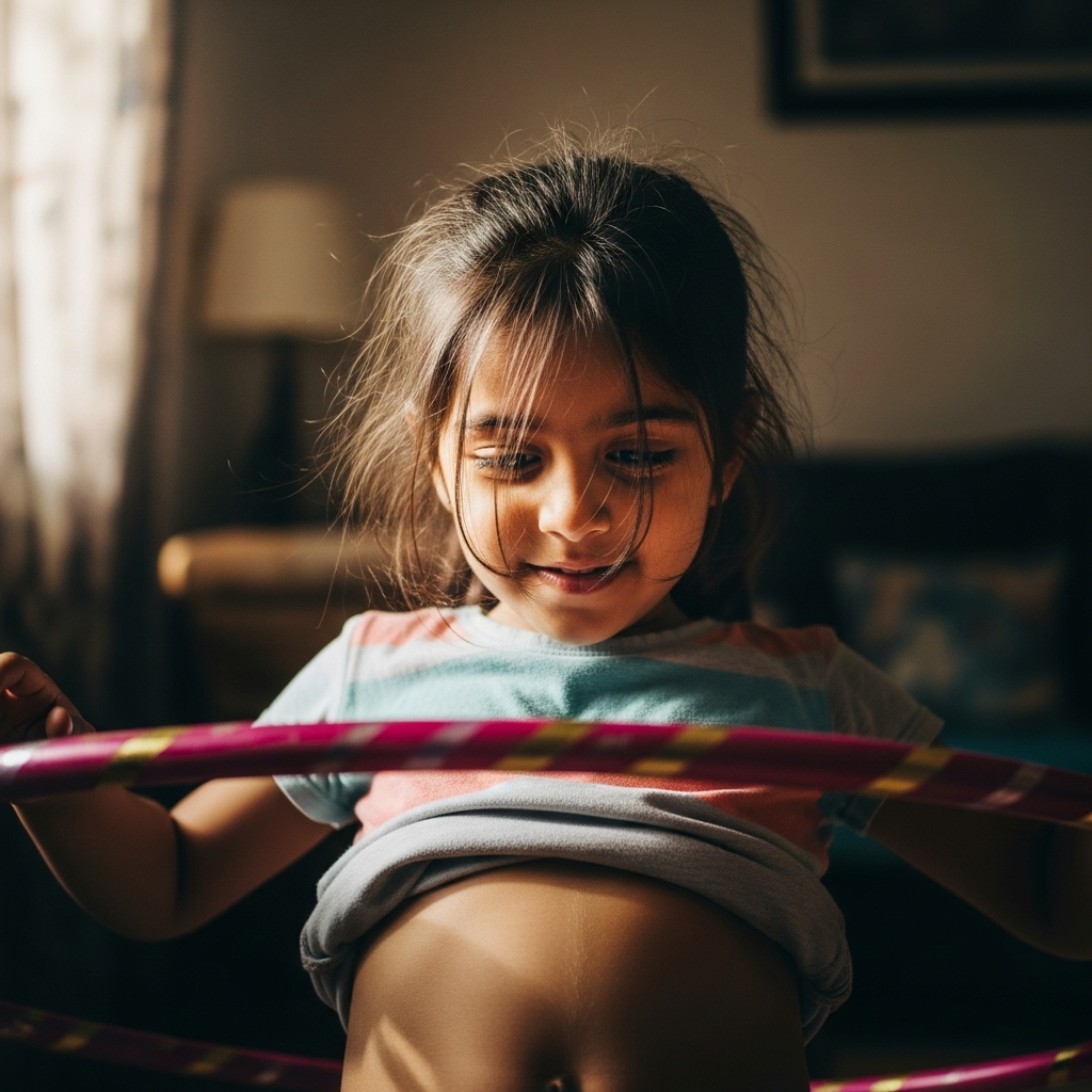 Child balancing hula hoop on belly with determination and joy