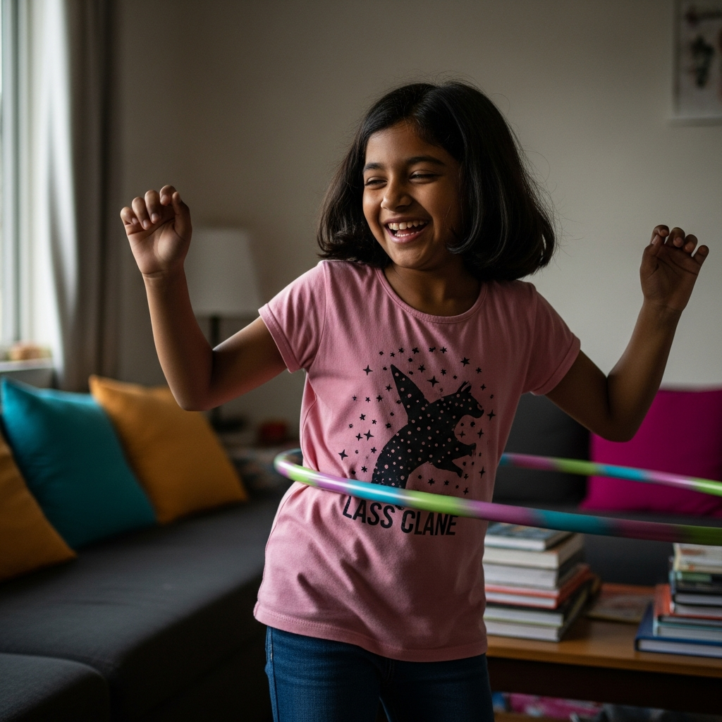 Young Indian girl joyfully spinning a hula hoop at home