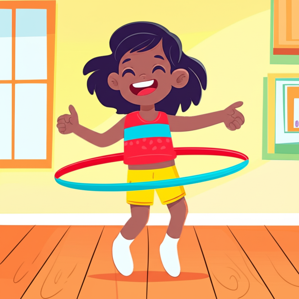 Girl joyfully spinning a colorful hula hoop at home