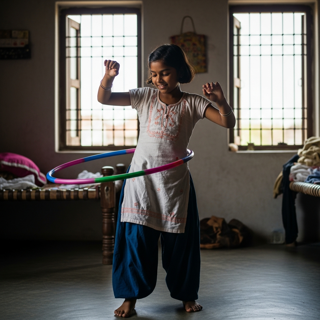 9-year-old Indian girl practicing hula hoop in rural India home, Vrindavani hula hooping journey