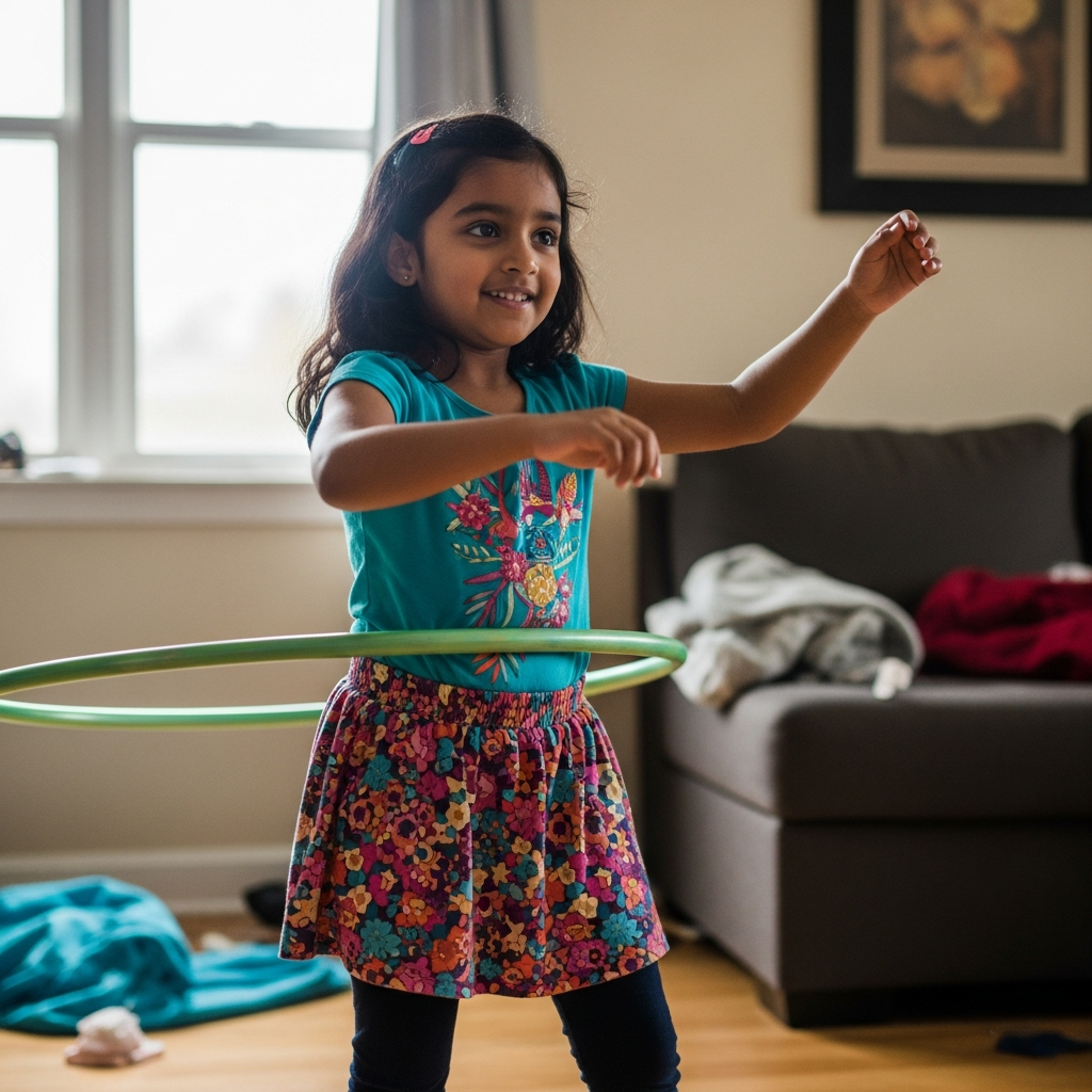Young Indian girl practicing hula hoop indoors with joy and enthusiasm - HoopStar Academy
