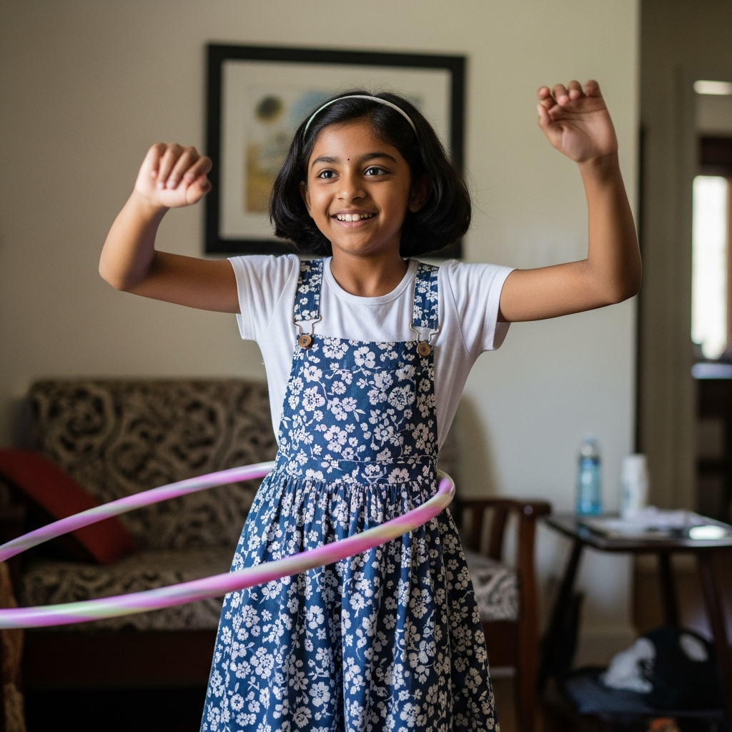 Nishka Mistry practicing hula hoop at home with joy and confidence - HoopStar Academy student