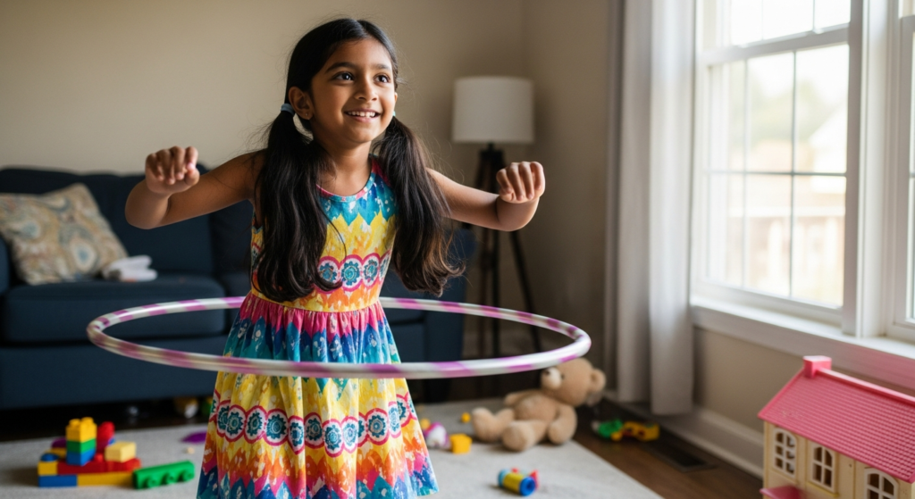Indian girl practicing hula hoop in living room during summer vacation