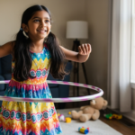 Indian girl practicing hula hoop in living room during summer vacation