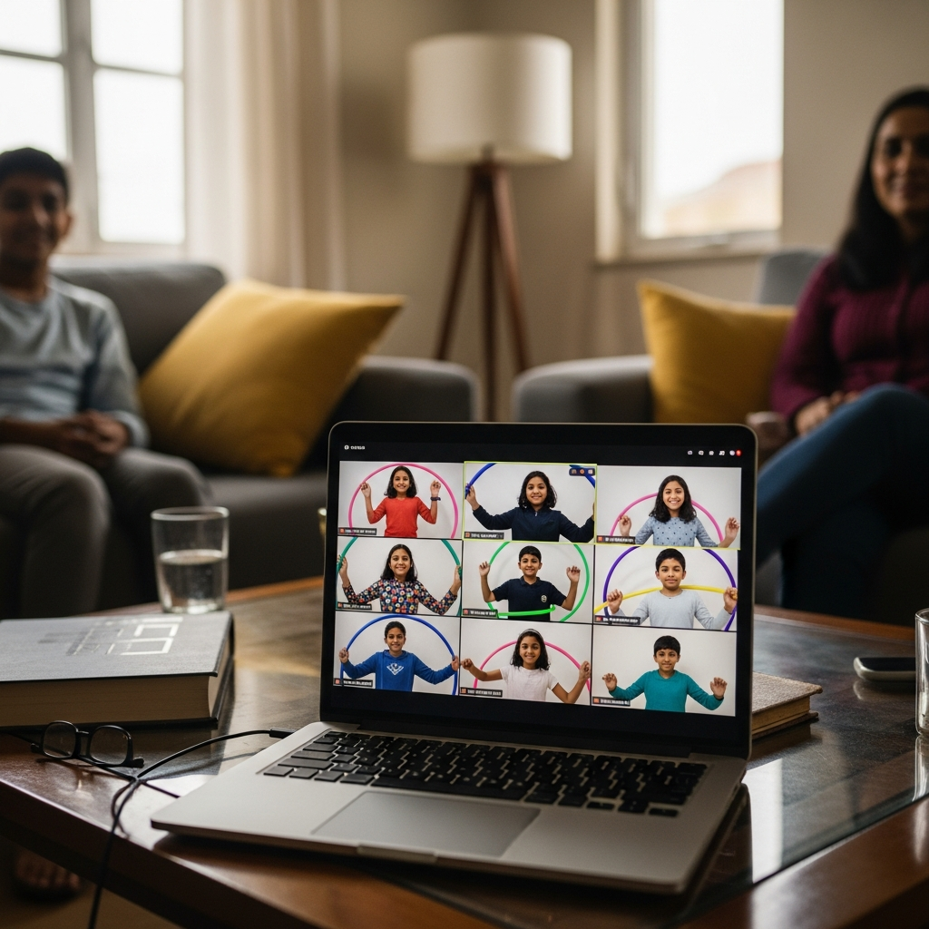 Children attending online hula hoop class on laptop with parents watching from couch