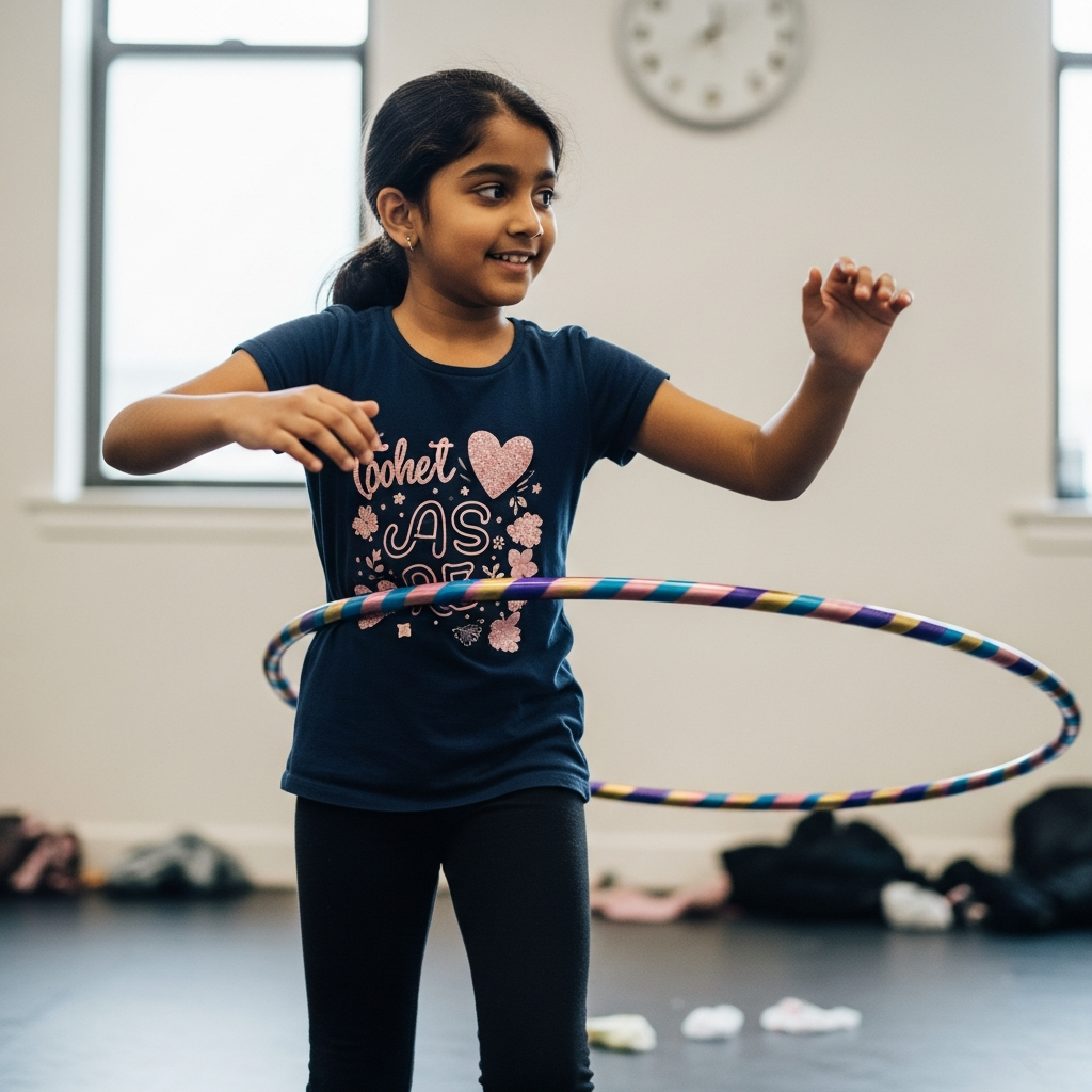 9-year-old girl practicing hula hoop choreography at HoopStar Academy dance class