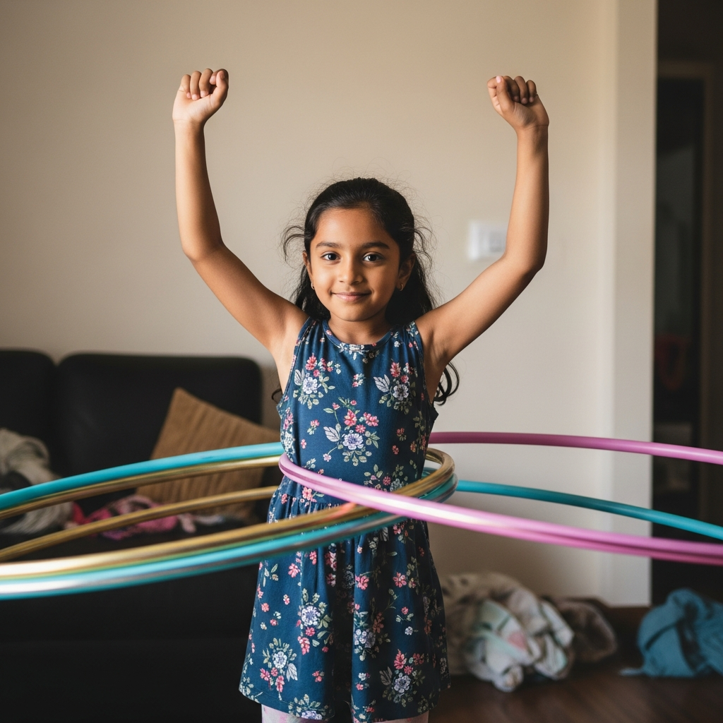 Young Indian girl Aarohi spinning multiple hula hoops simultaneously with joy and confidence