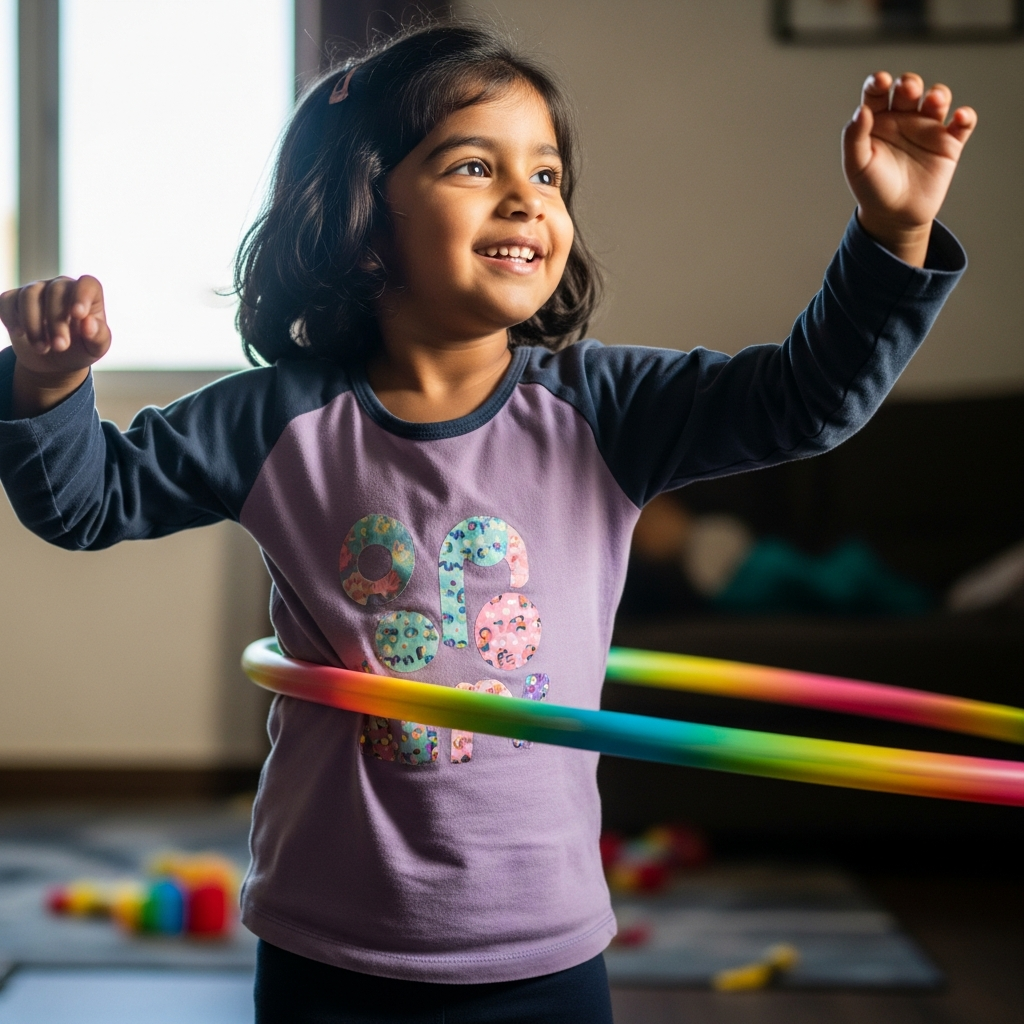 5-year-old Indian girl practicing hula hoop indoors with joy at HoopStar Academy