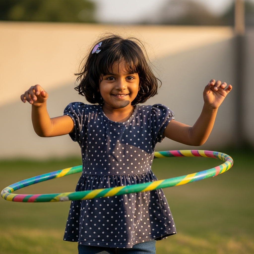5-year-old girl joyfully spinning a colorful hula hoop outdoors at HoopStar Academy