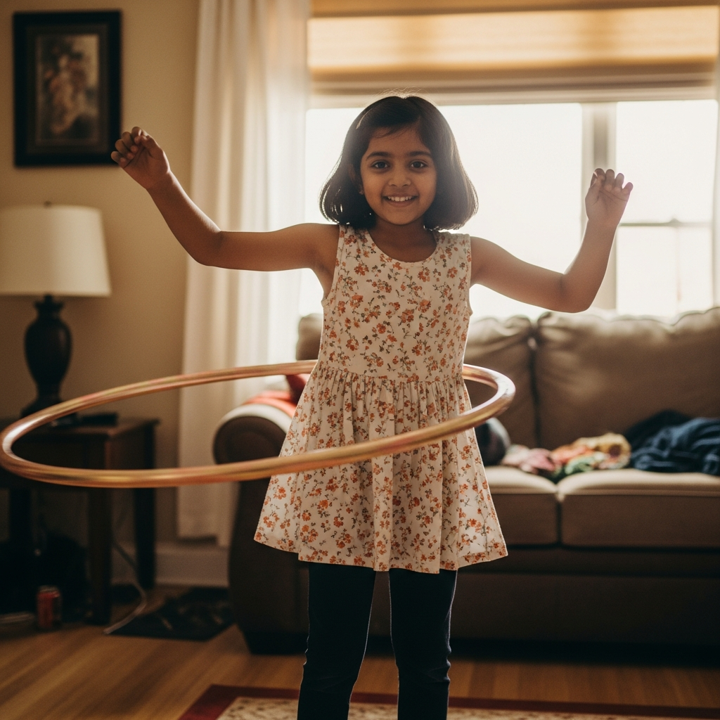 7-year-old Indian girl Prisha practicing hula hoop in her living room with joy and confidence