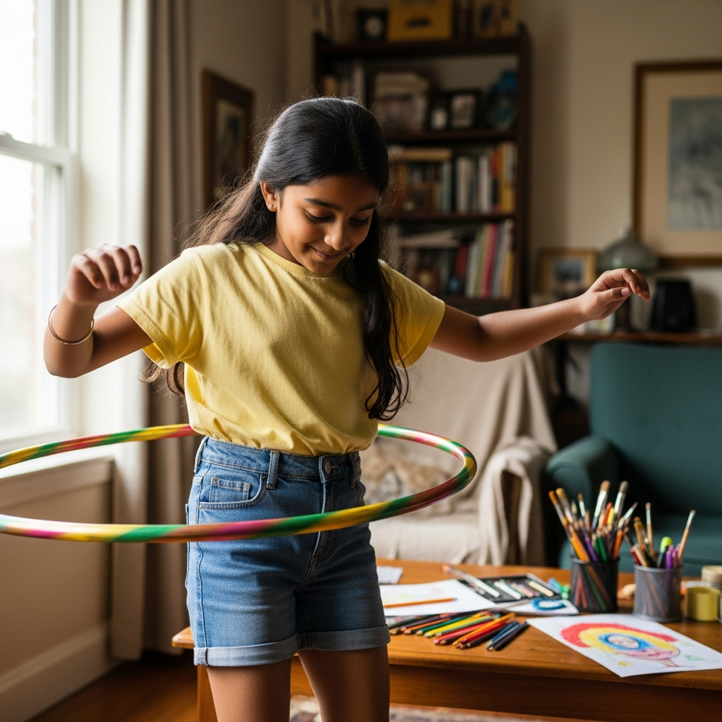 Young Indian girl practicing hula hoop waist hooping at home with art supplies in the background