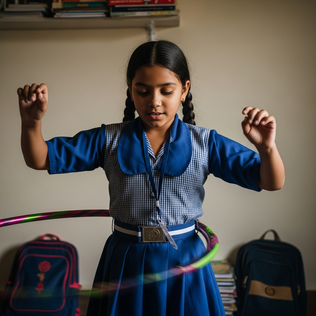 10-year-old Indian girl dancing with hula hoop combining creativity and fitness at HoopStar Academy