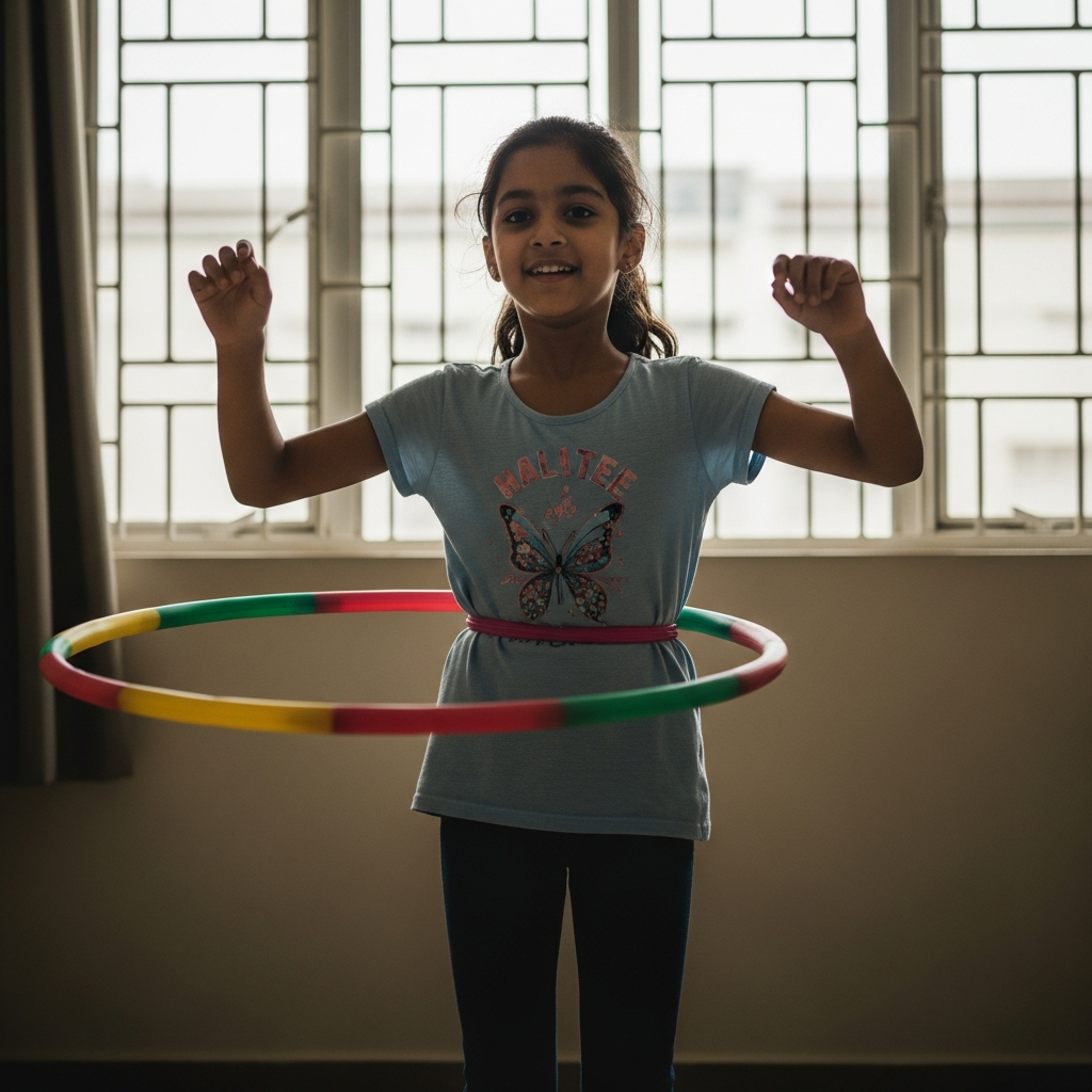 Prina Simariya spinning a colorful hula hoop at HoopStar Academy with confident expression