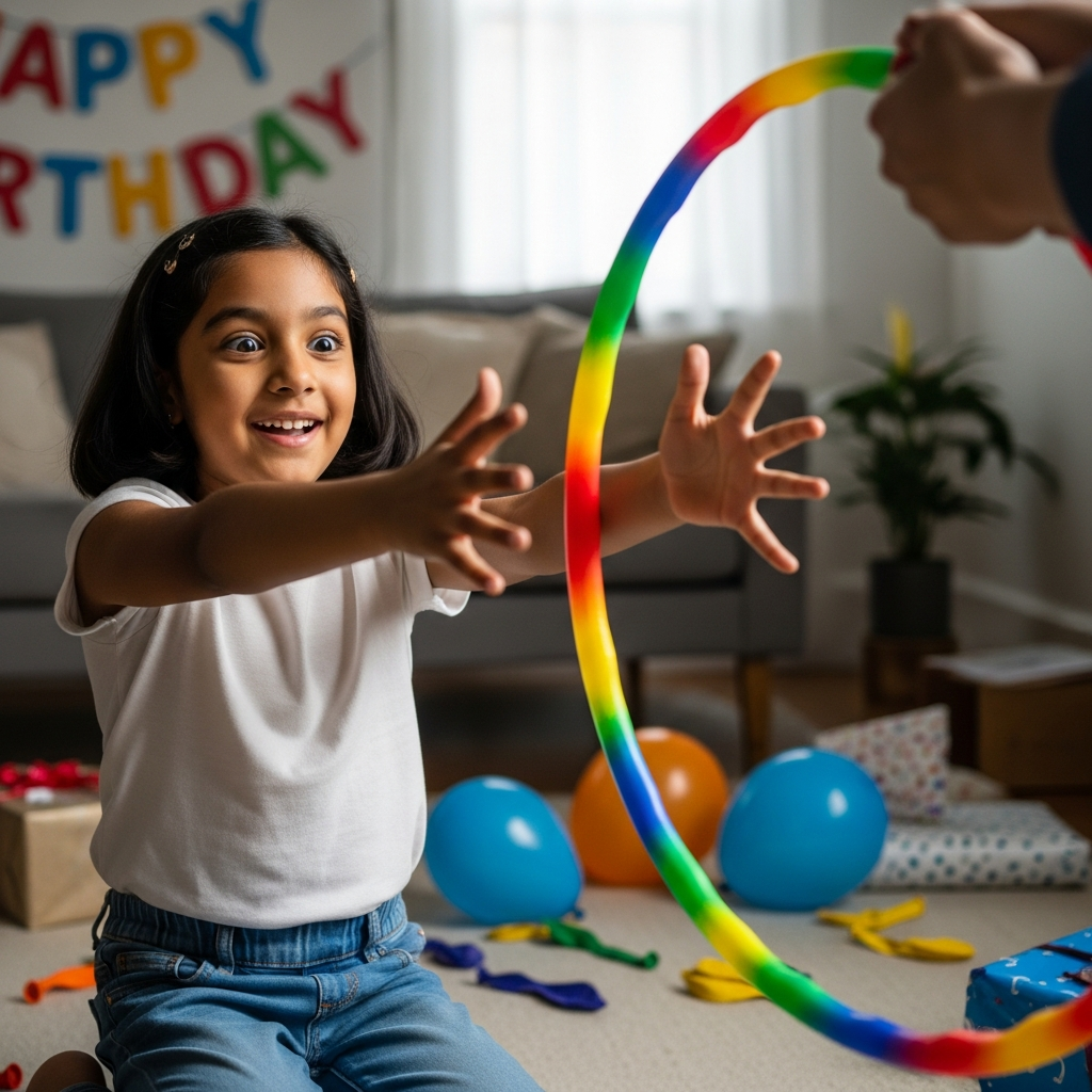 Young Indian girl excited to receive a colorful hula hoop as a birthday gift at HoopStar Academy