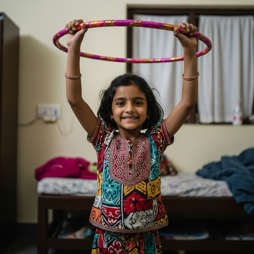 6-year-old Indian girl Ashmira proudly holding hula hoop overhead after winning records and awards at HoopStar Academy