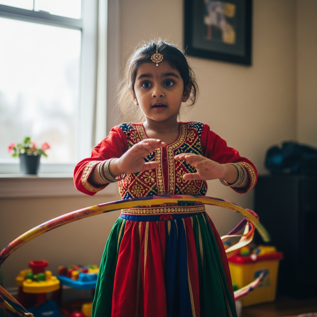 5-year-old Indian girl in Kathak dance outfit practicing hula hoop at HoopStar Academy