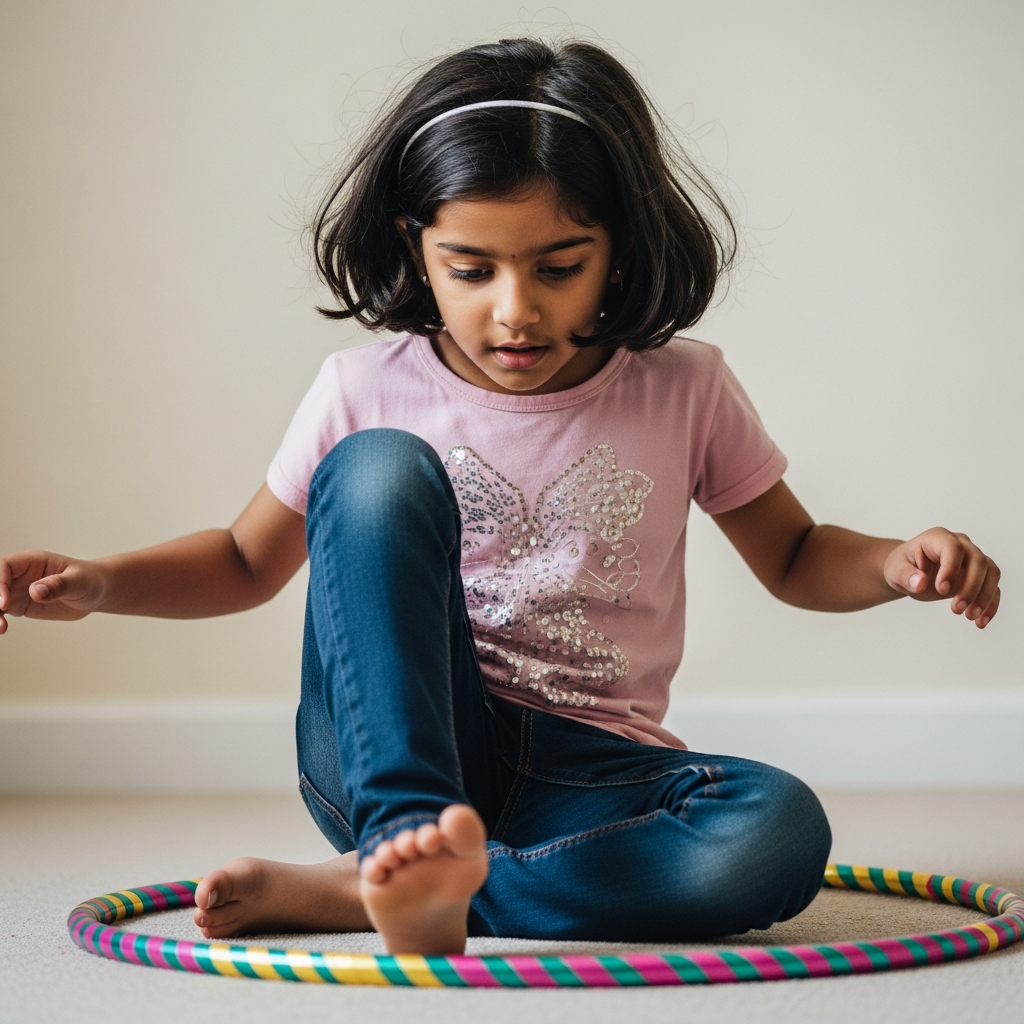 Young Indian girl practicing foot hooping with a colorful hula hoop at HoopStar Academy