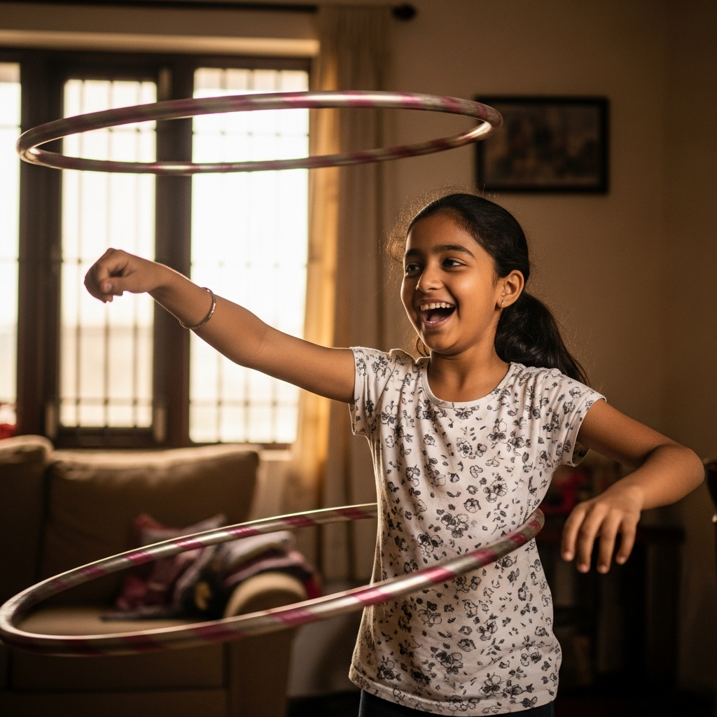 10-year-old Indian girl Pareedhi Shreya laughing while doing hand hooping with hula hoop indoors at HoopStar Academy