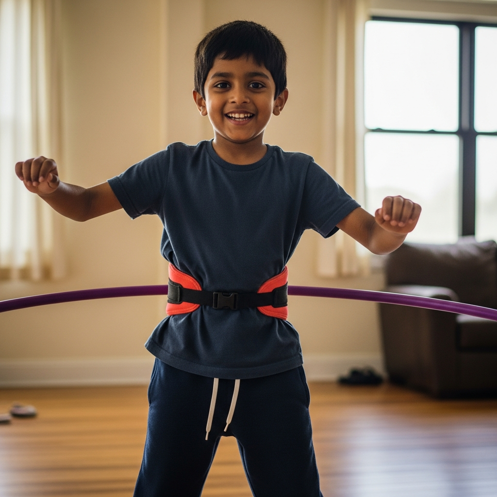 7-year-old Indian boy building confidence through waist hula hooping at HoopStar Academy