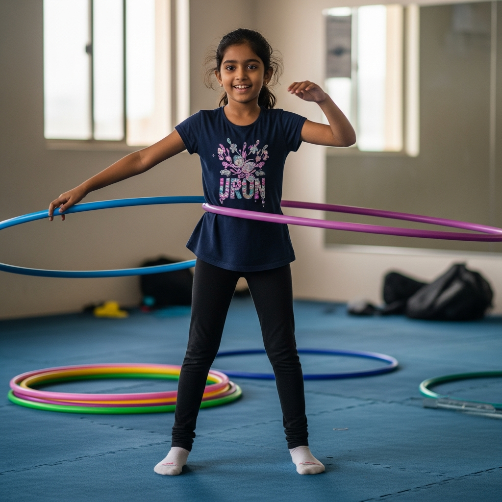 Young Indian girl practicing hula hoop in a gym with colorful hoops - Priisha Chakraborty HoopStar Academy