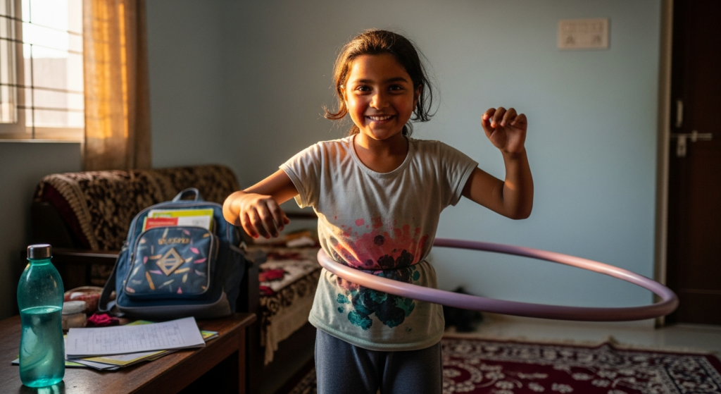 Indian girl happily hula hooping in living room to beat sedentary lifestyle