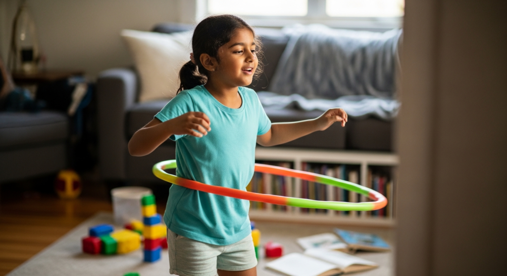 Young Indian girl happily spinning a colorful hula hoop at home with natural lighting