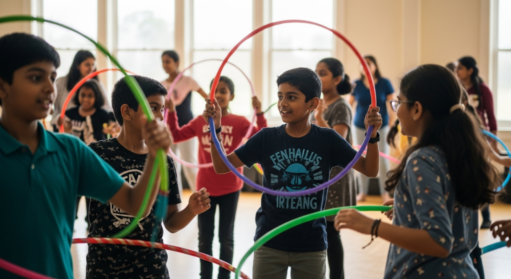 Children dancing with colorful hula hoops celebrating International Dance Day at HoopStar Academy