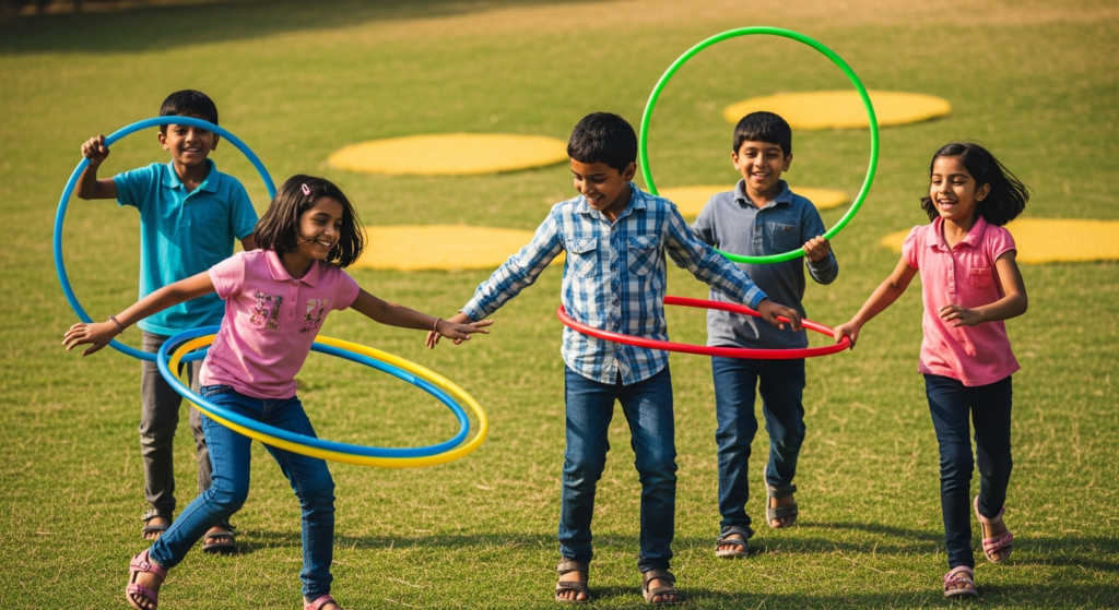 Indian children playing with colorful hula hoops in a park during summer