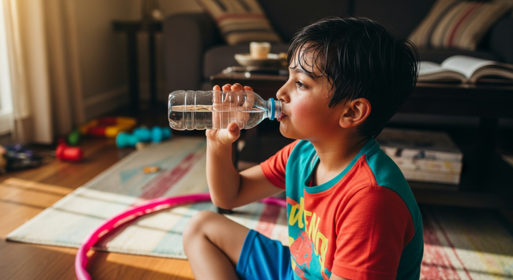 Child drinking water after hula hoop exercise to stay hydrated during physical activity