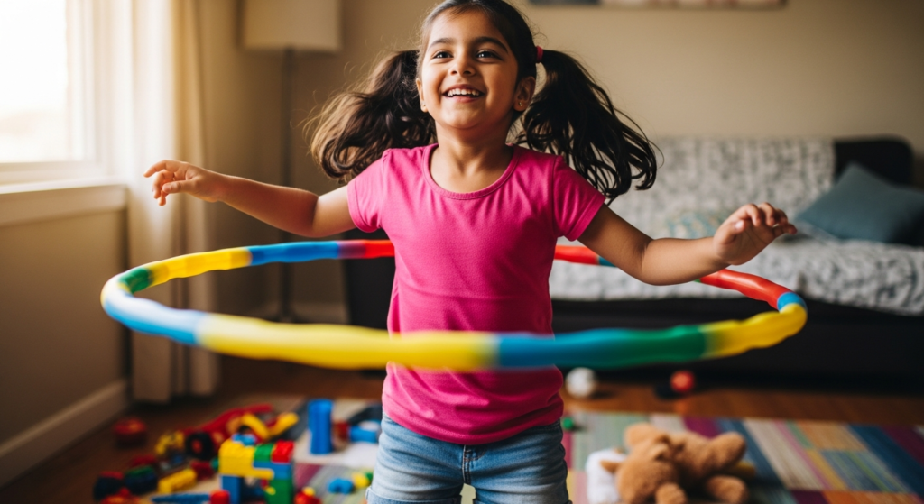 6-year-old Aditi joyfully spinning a colorful hula hoop at home during her HoopStar Academy practice