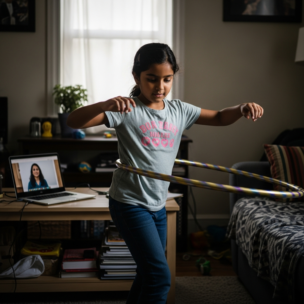 Young girl practicing hula hoop at home during online class with HoopStar Academy