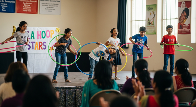 Children performing hula hoop tricks at HoopStar Academy online competition event with parents watching